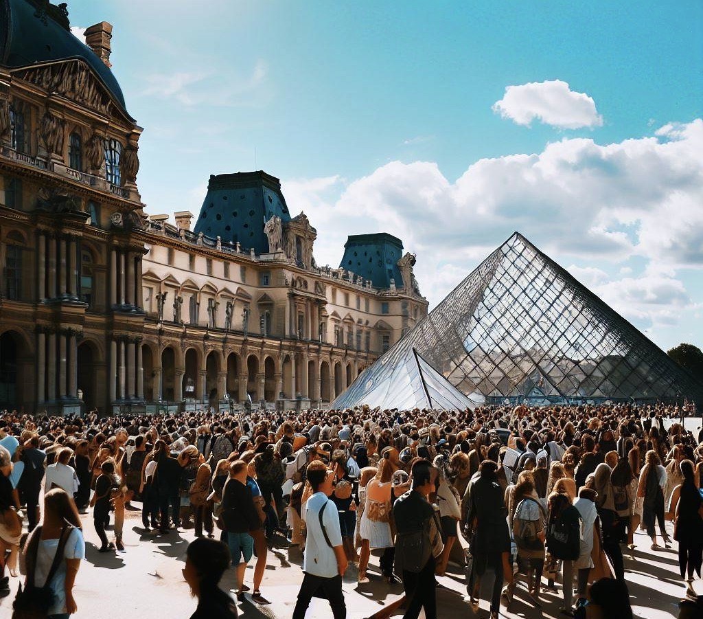 Tourist crowd in front of Louvre, Paris