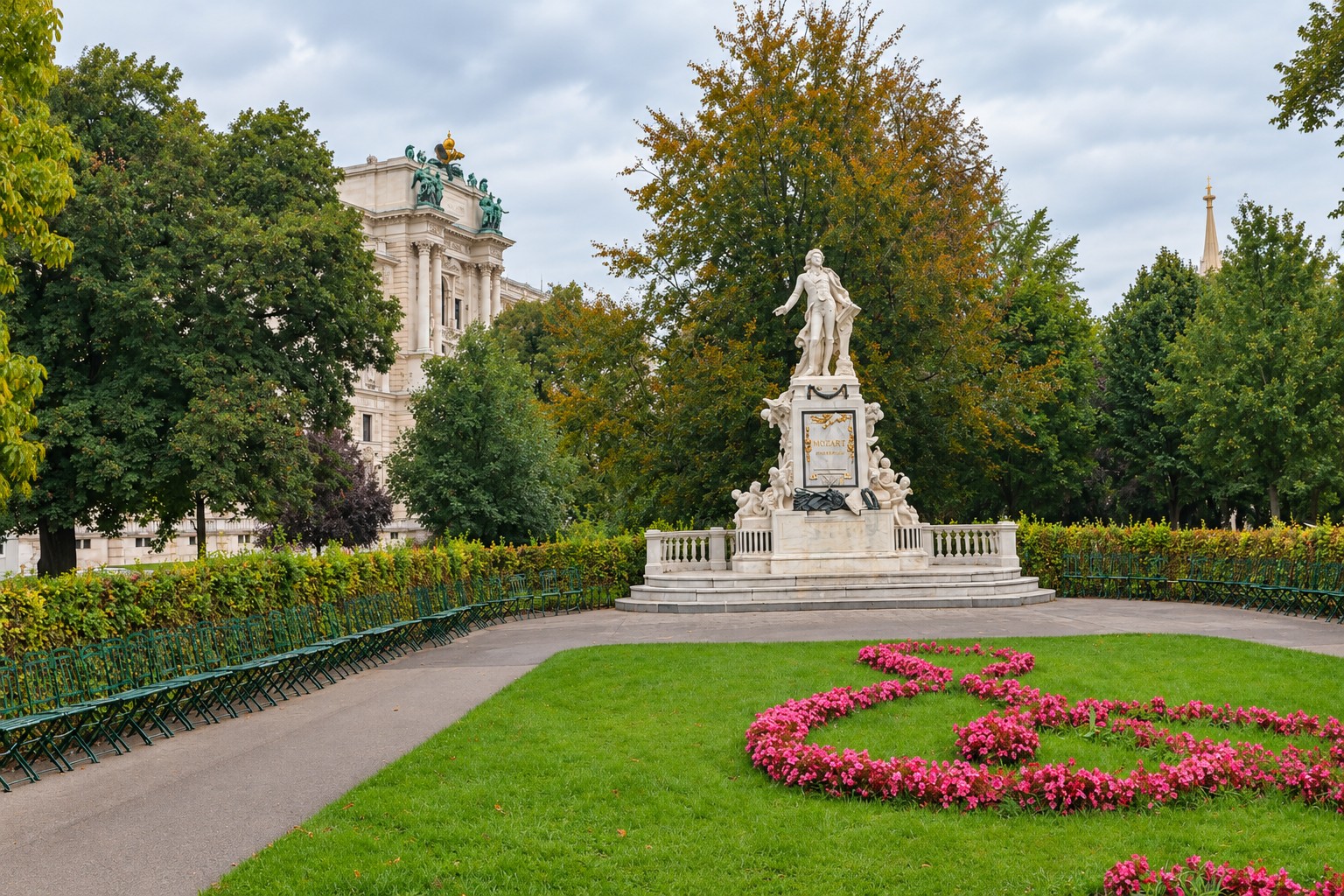The white marble Mozart monument in Vienna's Burggarten, with a pink treble-clef flowerbed, green chairs, autumn trees and part of the Hofburg behind it